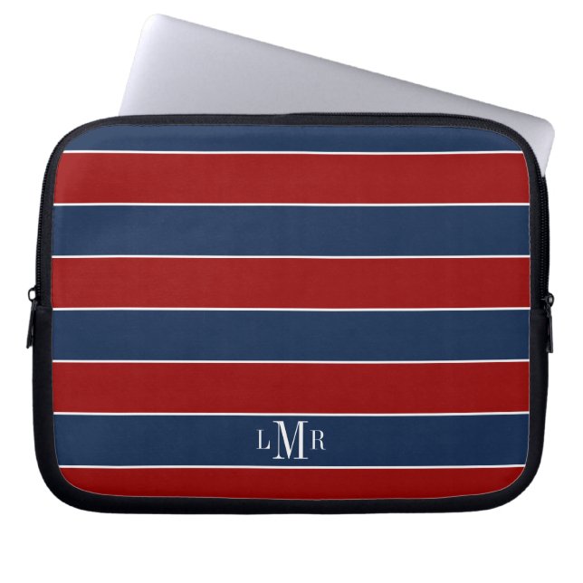 Red and Blue Rugby Stripes Monogrammed Laptop Sleeve (Front)