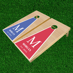 Red and Blue Rustic Family Monogram Wood Cornhole Set