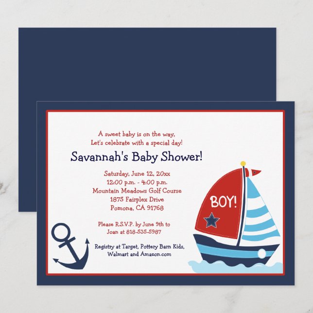 Red and Blue Sailboat 5x7 Baby Shower Invitation (Front/Back)