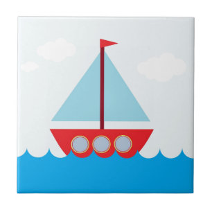 Red and Blue Sailboat on the Sea Tile