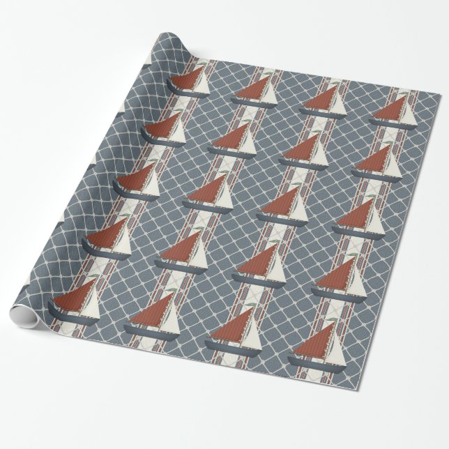 Red and Blue Sailboat Wrapping Paper (Unrolled)