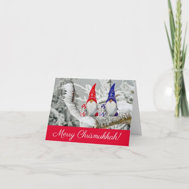 Red and Blue Santa Elves Merry Chrismukkah Card (Front)