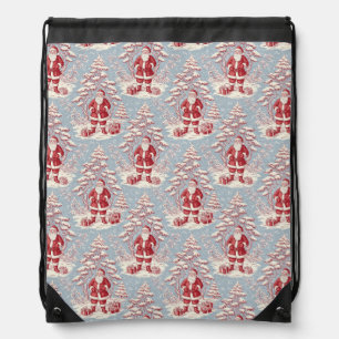 Red and Blue Santa Toile Chinoiserie Drawstring Bag