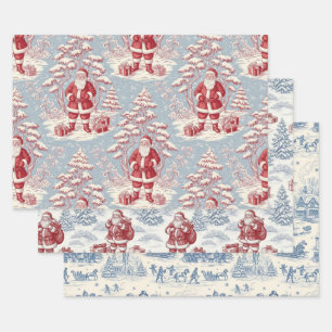 Red and Blue Santa Toile Chinoiserie Wrapping Paper Sheets