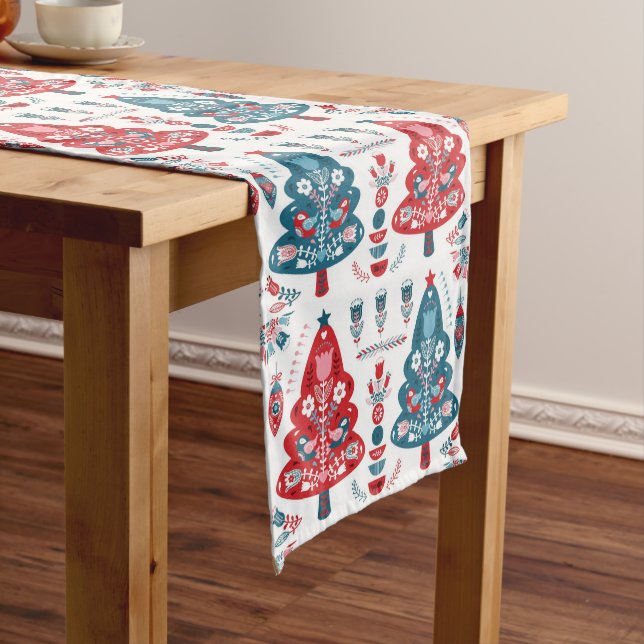 Red and Blue Scandinavian Christmas Tree Folk Art Medium Table Runner (In Situ)