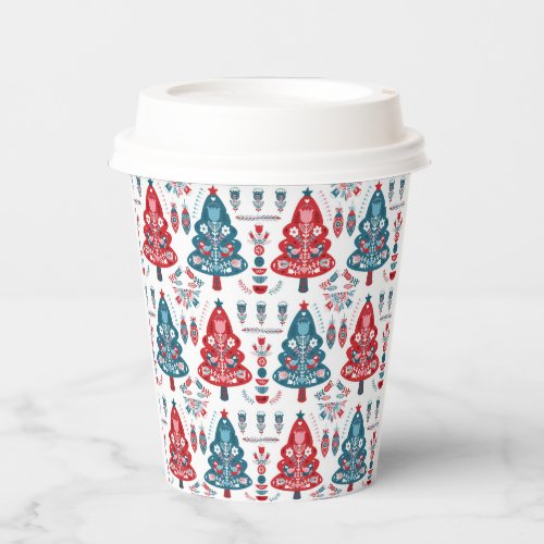 Red and Blue Scandinavian Christmas Tree Folk Art Paper Cups