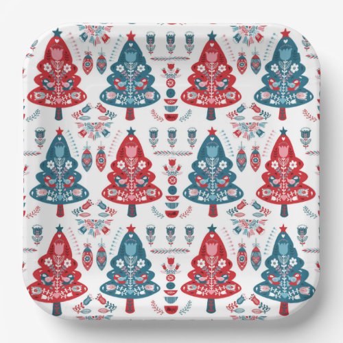 Red and Blue Scandinavian Christmas Tree Folk Art Paper Plates