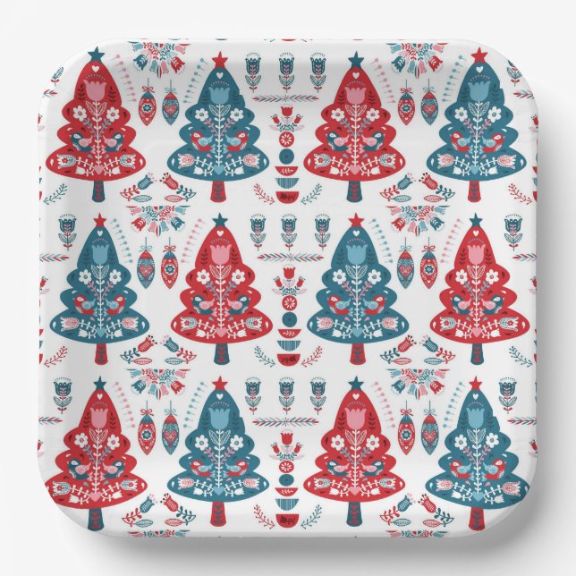 Red and Blue Scandinavian Christmas Tree Folk Art Paper Plates (Front)