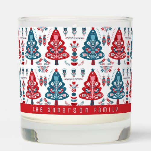 Red and Blue Scandinavian Christmas Tree Folk Art Scented Candle