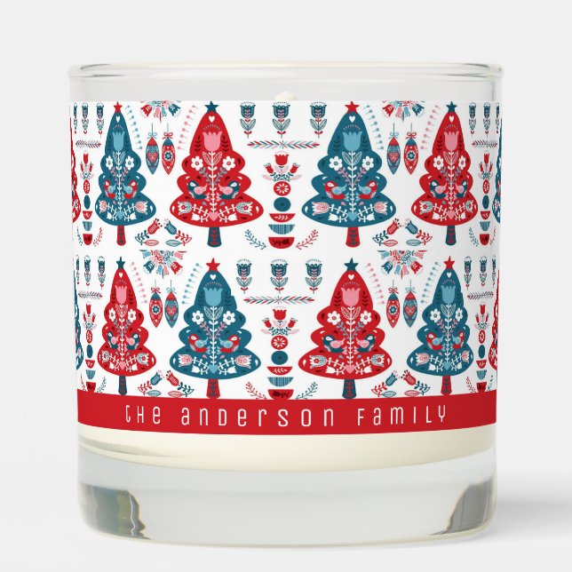 Red and Blue Scandinavian Christmas Tree Folk Art Scented Candle (Front)