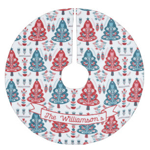 Red and Blue Scandinavian Christmas Tree Pattern Brushed Polyester Tree Skirt