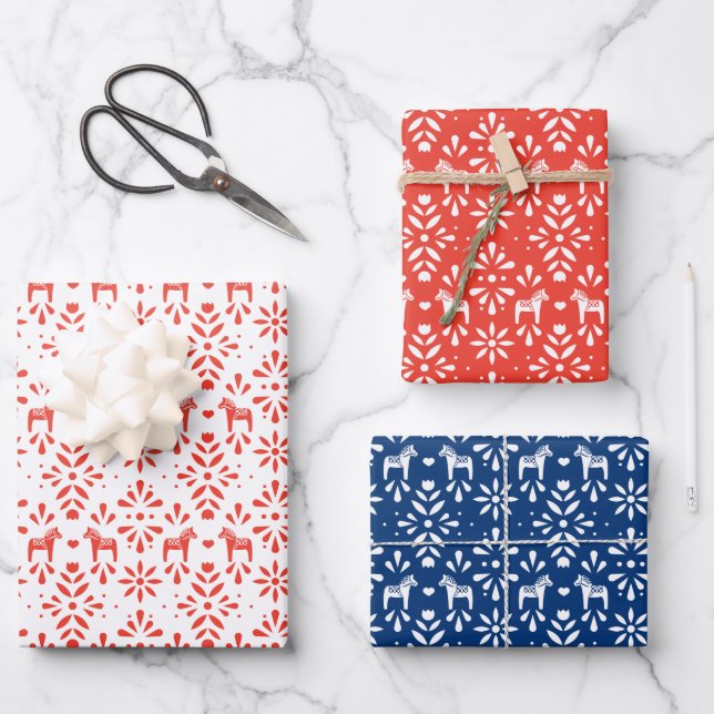 Red and Blue Scandinavian Dala Horse Holiday Wrapping Paper Sheets (Front)