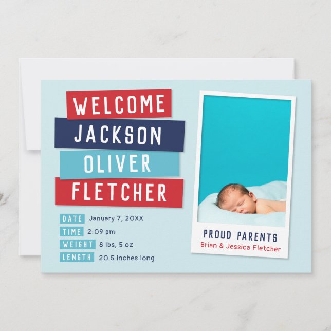 Red and Blue Snapshot 2 Photo Birth Announcement (Front)