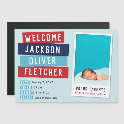 Red and Blue Snapshot Magnetic Birth Announcement