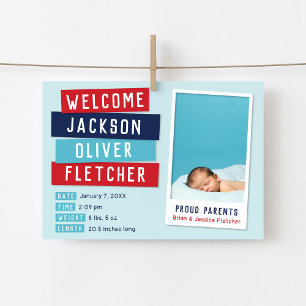 Red and Blue Snapshot Magnetic Birth Announcement