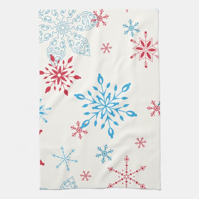 Red and Blue Snowflakes on a white background Kitchen Towel (Vertical)