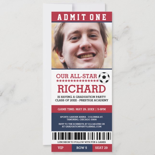 Red and Blue Soccer Graduation Party Invites (Front)