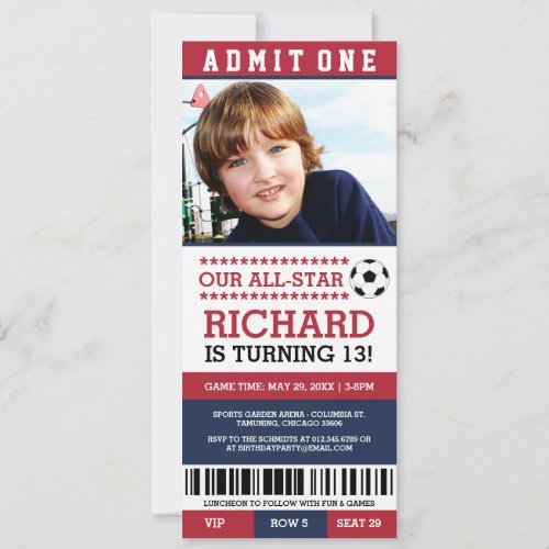 Red and Blue Soccer Ticket Birthday Invites