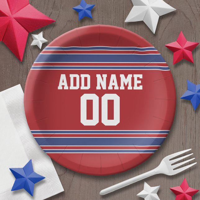 Red and Blue Sports Jersey Birthday Party Paper Plates (Personalized party plates - sports theme for birthday or any occasion)