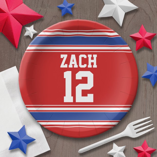 Red and Blue Sports Jersey Birthday Party Paper Plates (Personalized party plates - sports theme for birthday or any occasion)