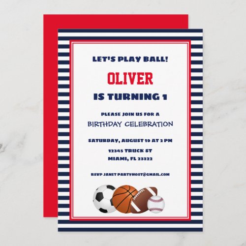 Red and Blue Sports Striped Birthday Invitation