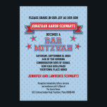 Red and Blue Sports Tackle Twill Bar Mitzvah Invitation<br><div class="desc">This Bar Mitzvah invitation brings to mind varsity letters used on sports apparel. The banner containing the Bar Mitzvah's name and the "Bar Mitzvah" lettering looks as if it's embroidered onto the light blue dot pattern background. Red stars highlight the event. Contact this shop if you need further customization or...</div>