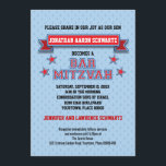 Red and Blue Sports Tackle Twill Bar Mitzvah Invitation<br><div class="desc">This Bar Mitzvah invitation brings to mind varsity letters used on sports apparel. The banner containing the Bar Mitzvah's name and the "Bar Mitzvah" lettering looks as if it's embroidered onto the light blue dot pattern background. Red stars highlight the event. Contact this shop if you need further customization or...</div>