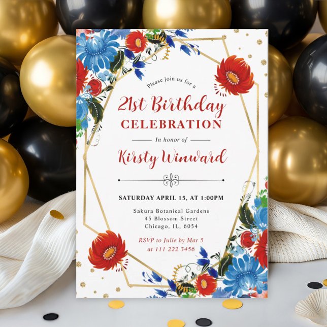 Red and Blue Spring Flowers Frame Birthday Invitation (Creator Uploaded)