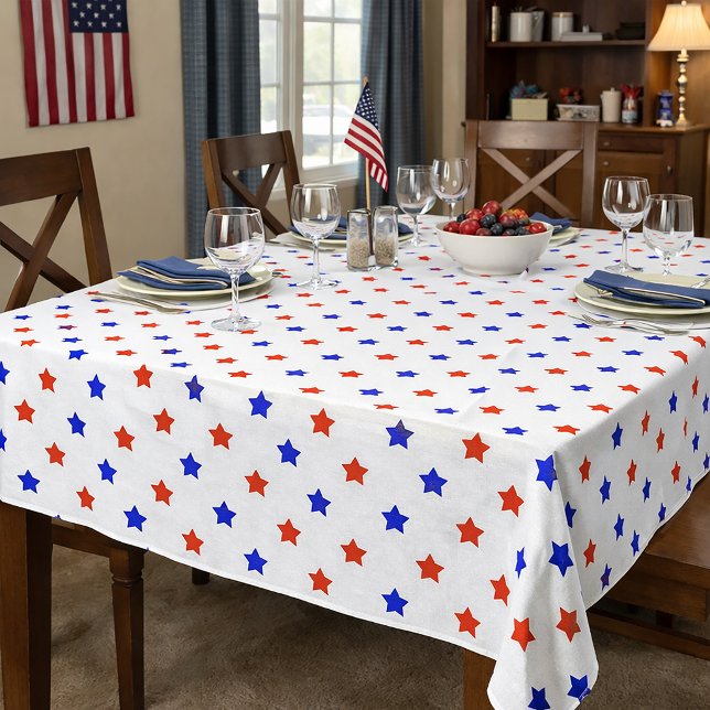 Red and Blue Star Modern Pattern Tablecloth (A table cloth with red and blue stars on a white background.)
