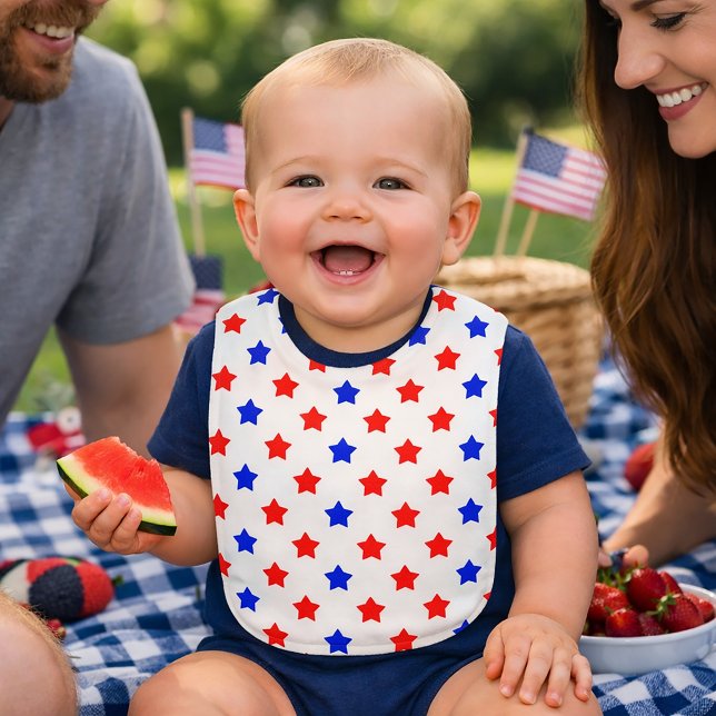 Red and Blue Star Pattern White Background Baby Bib (A bib with a red and blue star pattern on a white background.)