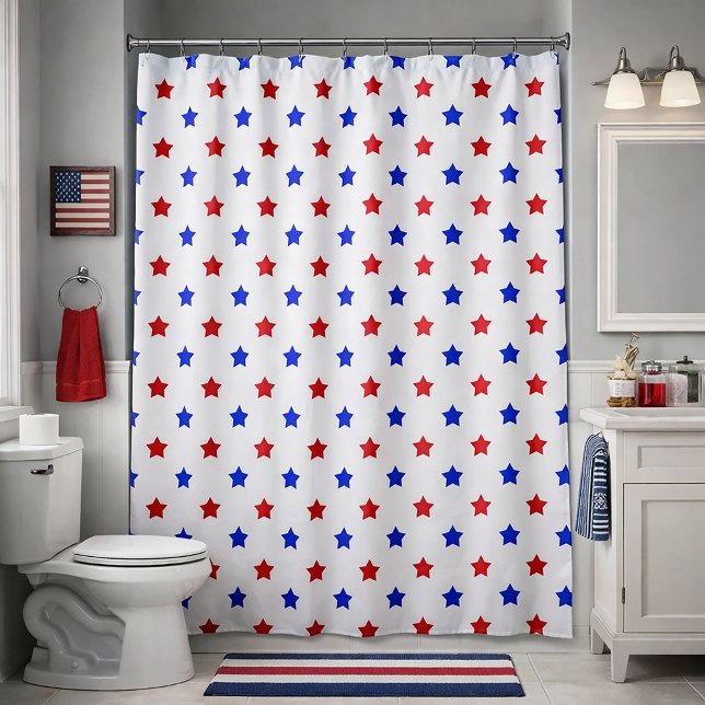 Red and Blue Star Pattern White Background Shower Curtain (A shower curtain with a red and blue star pattern.)