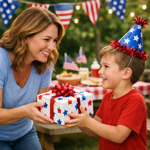 Red and Blue Star Pattern White Background Wrapping Paper