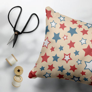 Red and Blue Stars, 4th of July, Beige Background Accent Pillow