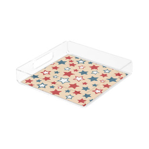 Red and Blue Stars, 4th of July, Beige Background Acrylic Tray