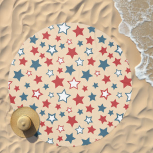Red and Blue Stars, 4th of July, Beige Background Beach Towel