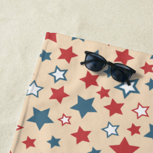 Red and Blue Stars, 4th of July, Beige Background Beach Towel