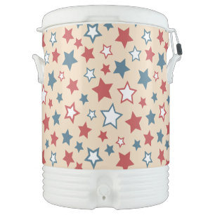 Red and Blue Stars, 4th of July, Beige Background Beverage Cooler