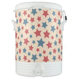 Red and Blue Stars, 4th of July, Beige Background Beverage Cooler