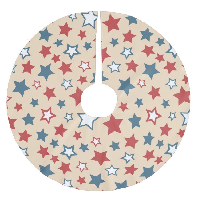 Red and Blue Stars, 4th of July, Beige Background Brushed Polyester Tree Skirt (Front)