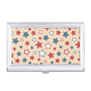 Red and Blue Stars, 4th of July, Beige Background Business Card Case