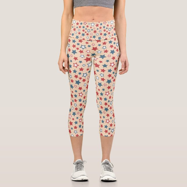 Red and Blue Stars, 4th of July, Beige Background Capri Leggings (Front)
