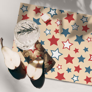 Red and Blue Stars, 4th of July, Beige Background Cloth Placemat