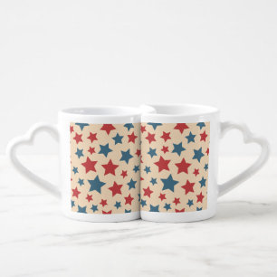 Red and Blue Stars, 4th of July, Beige Background Coffee Mug Set