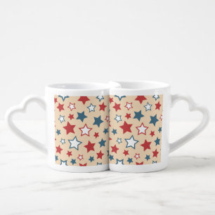Red and Blue Stars, 4th of July, Beige Background Coffee Mug Set