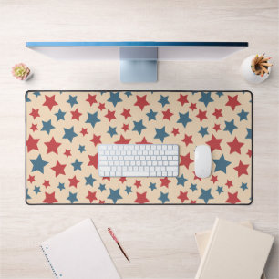 Red and Blue Stars, 4th of July, Beige Background Desk Mat