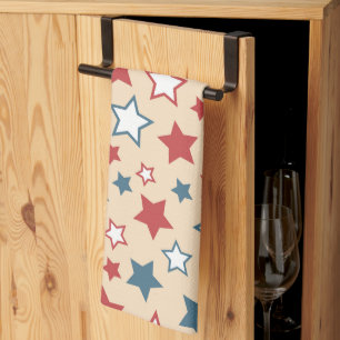 Red and Blue Stars, 4th of July, Beige Background Kitchen Towel