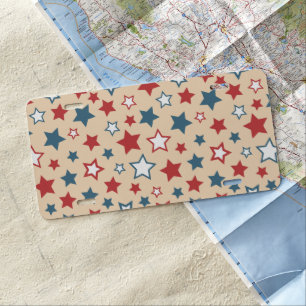 Red and Blue Stars, 4th of July, Beige Background License Plate