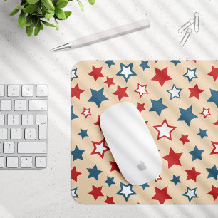 Red and Blue Stars, 4th of July, Beige Background Mouse Pad