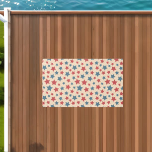 Red and Blue Stars, 4th of July, Beige Background Outdoor Rug