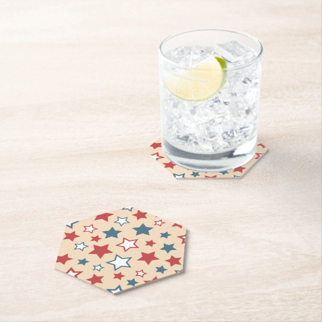 Red and Blue Stars, 4th of July, Beige Background Paper Coaster (Insitu)